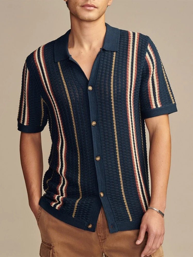 Open Knit Short Sleeve With Revere Collar And Vertical Stripe - Nalani - UK Fashion Clothing and Decor