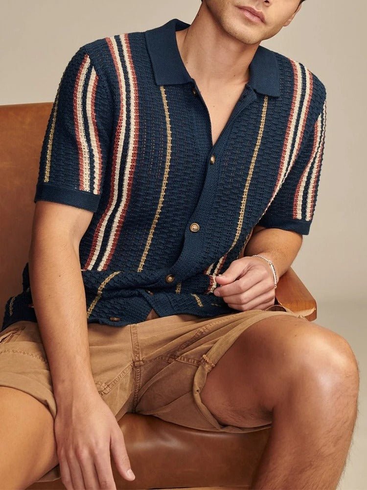 Open Knit Short Sleeve With Revere Collar And Vertical Stripe - Nalani - UK Fashion Clothing and Decor