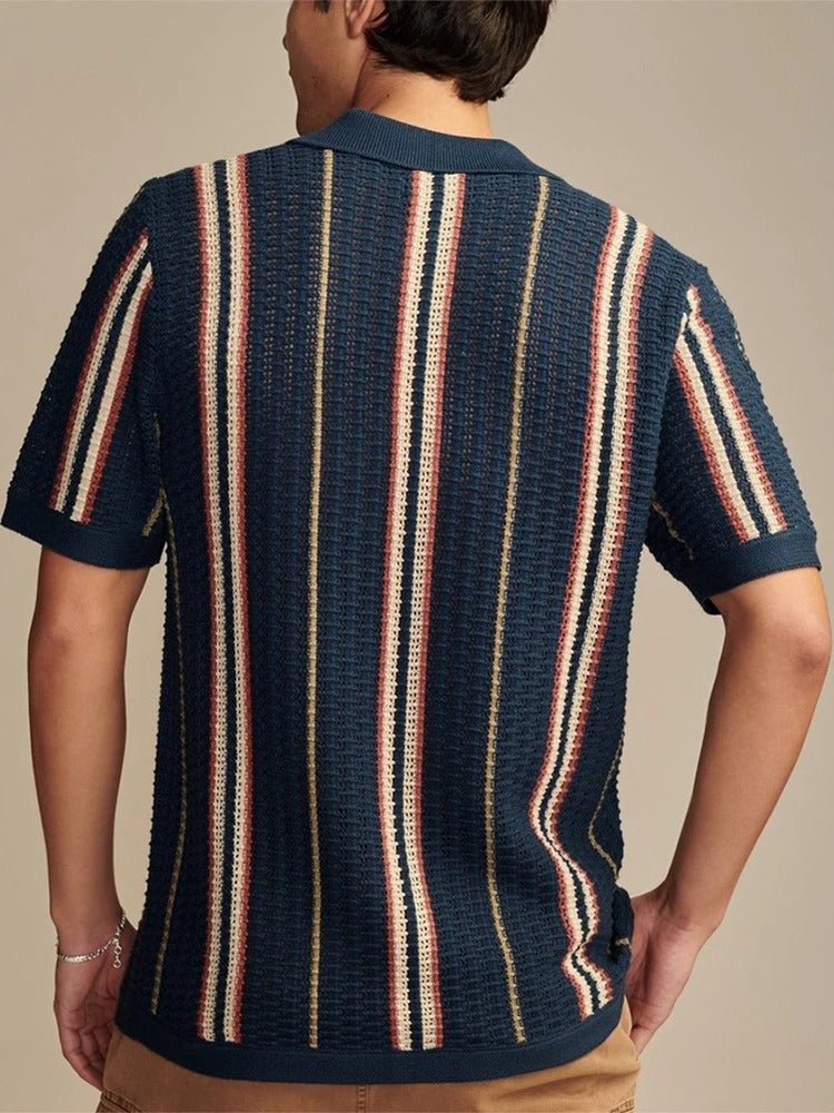 Open Knit Short Sleeve With Revere Collar And Vertical Stripe - Nalani - UK Fashion Clothing and Decor