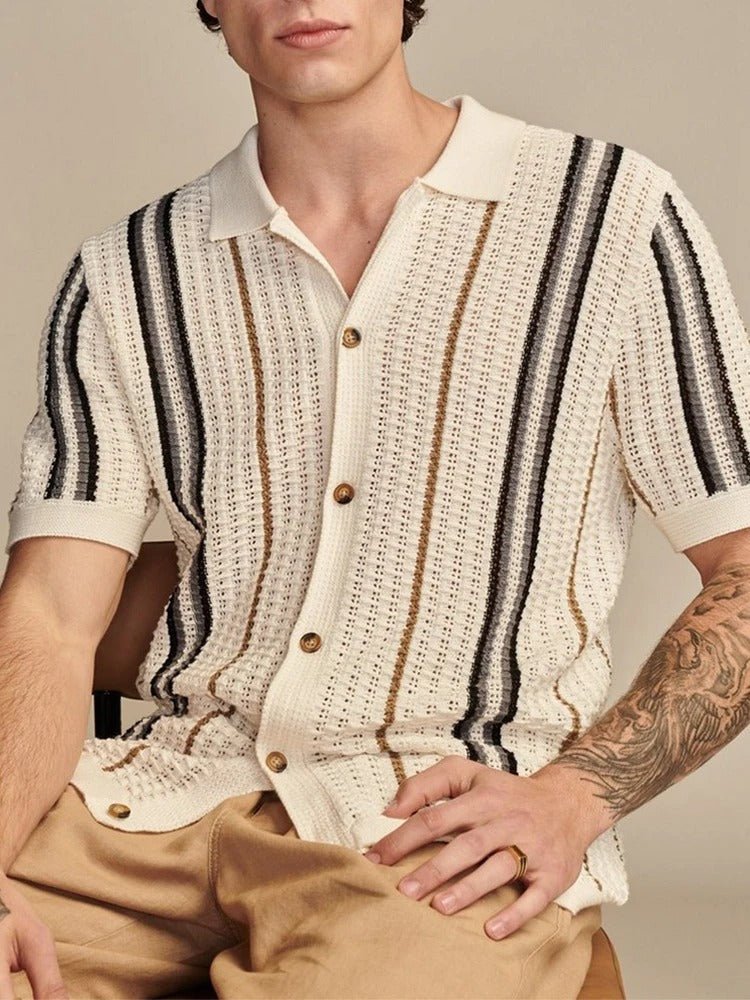 Open Knit Short Sleeve With Revere Collar And Vertical Stripe - Nalani - UK Fashion Clothing and Decor