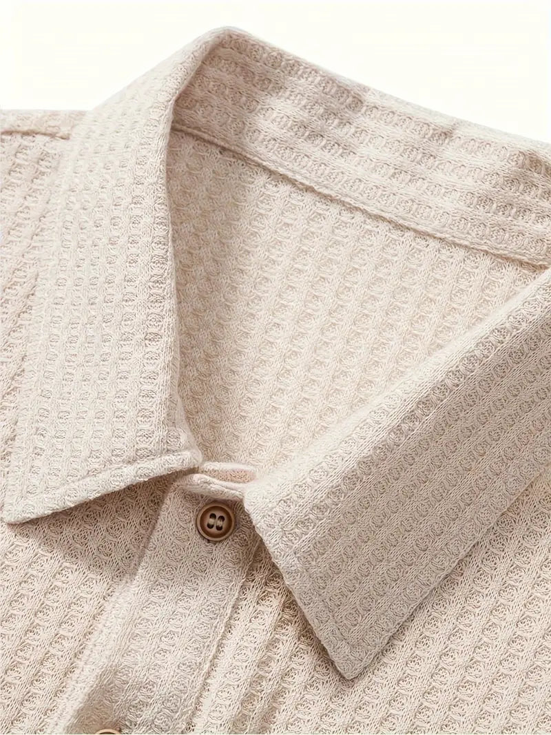 Waffle Knit Polo Shirt For Men Short Sleeve Two Button Placket - Nalani - UK Fashion Clothing and Decor